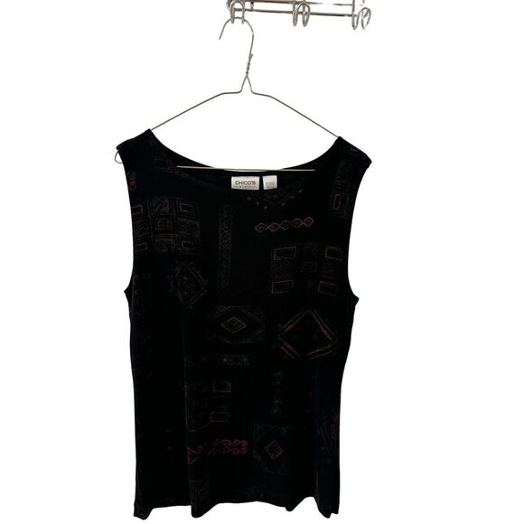 Chicos Travelers Black Design Printed Tank‎ Women's Chico's Size 2 - Picture 1 of 6